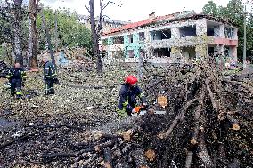 Aftermath of Russian missile attack in Kyivs Holosiivskyi district