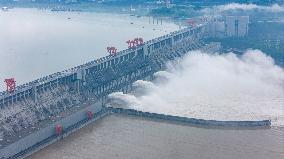 Flood Released From The Three Gorges Dam at Sunset in Yichang