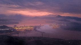 Flood Released From The Three Gorges Dam at Sunset in Yichang