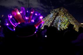 Replica Of The Pyramid Of Chichén Itzá And Videomapping In The Zócalo Of Mexico City