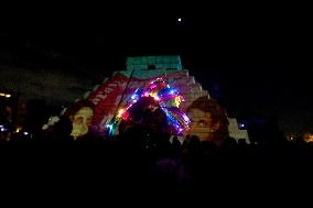 Replica Of The Pyramid Of Chichén Itzá And Videomapping In The Zócalo Of Mexico City