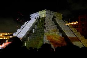 Replica Of The Pyramid Of Chichén Itzá And Videomapping In The Zócalo Of Mexico City