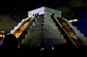 Replica Of The Pyramid Of Chichén Itzá And Videomapping In The Zócalo Of Mexico City