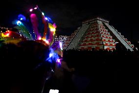 Replica Of The Pyramid Of Chichén Itzá And Videomapping In The Zócalo Of Mexico City