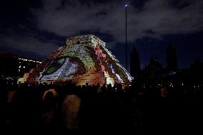 Replica Of The Pyramid Of Chichén Itzá And Videomapping In The Zócalo Of Mexico City