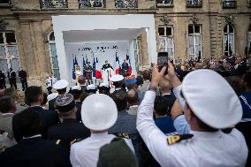 Emmanuel Macron during reception at Hotel de Brienne for Bastille Day Parade - Paris