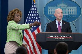 DC: Press Sec Jean-Pierre and Homeland Security Sec Mayorkas hold a Donald Trump assassination attemp press conference