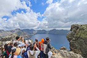 Tourists Visit The Tianchi Lake of Changbai Mountain in Yanbian