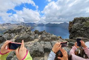 Tourists Visit The Tianchi Lake of Changbai Mountain in Yanbian