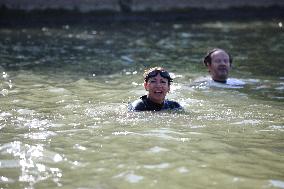 Mayor Anne Hidalgo Swims In The Seine River - Paris