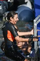 Paris 2024 - Mayor Anne Hidalgo Swims In The Seine River - Paris