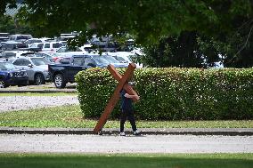 Mourners Arrive At Memorial For Corey Comperatore Who Was Killed At Trump Rally In Freeport Pennsylvania