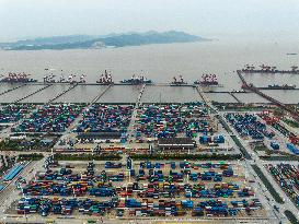 Containers Piled Up At Beilun Port in Ningbo