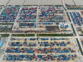 Containers Piled Up At Beilun Port in Ningbo