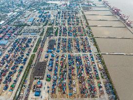 Containers Piled Up At Beilun Port in Ningbo