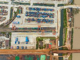 Containers Piled Up At Beilun Port in Ningbo