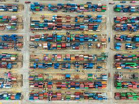 Containers Piled Up At Beilun Port in Ningbo