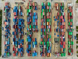 Containers Piled Up At Beilun Port in Ningbo