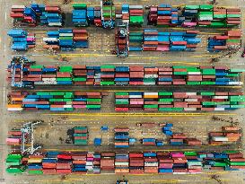 Containers Piled Up At Beilun Port in Ningbo