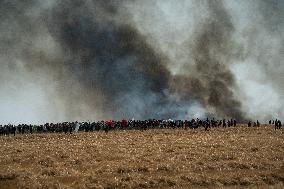 Large Mobilization Against The Mega-basins Near Poitiers And The Firing Of Tear Gas Started A Fire