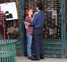 Penn Badgley And Madeline Brewer On Set - NYC