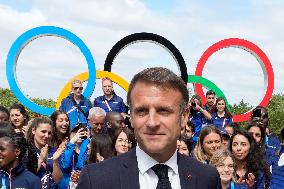 Paris 2024 - President Macron Visits The Olympic Village - Paris