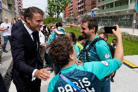 Paris 2024 - President Macron Visits The Olympic Village - Paris