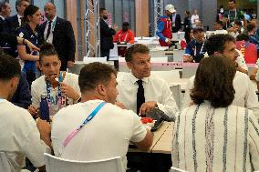 Paris 2024 - President Macron Visits The Olympic Village - Paris