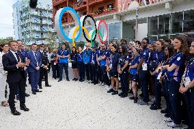 Paris 2024 - President Macron Visits The Olympic Village - Paris