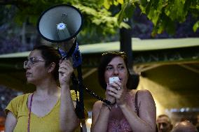 Madrid Residents Against The Cut Down Of The Trees In Plaza De Santa Ana