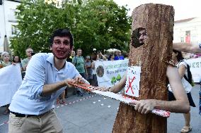 Madrid Residents Against The Cut Down Of The Trees In Plaza De Santa Ana