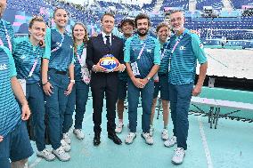 Paris 2024 - Macron Visits Beach Volleyball Venue