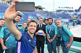 Paris 2024 - Macron Visits Beach Volleyball Venue