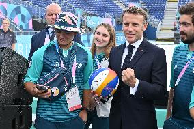 Paris 2024 - Macron Visits Beach Volleyball Venue