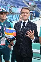 Paris 2024 - Macron Visits Beach Volleyball Venue