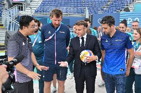 Paris 2024 - Macron Visits Beach Volleyball Venue