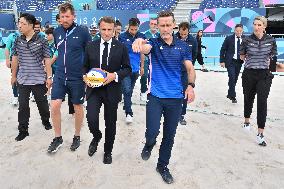 Paris 2024 - Macron Visits Beach Volleyball Venue