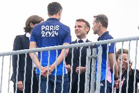 Paris 2024 - Macron Visits Beach Volleyball Venue