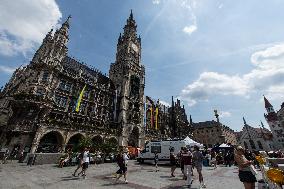 Ukrainian And Israeli Flags On Munich City Hall