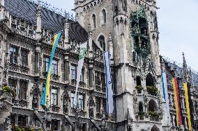 Ukrainian And Israeli Flags On Munich City Hall