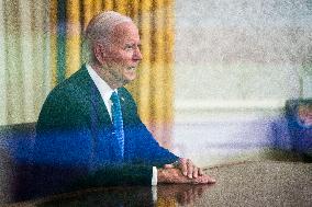 US President Joe Biden delivers a nationwide address from the Oval Office