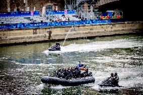 Paris 2024 - Police Patrol On River La Seine