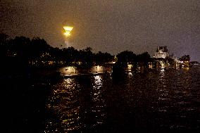 The Cauldron With The Olympic Flame Lit Flies Over Paris