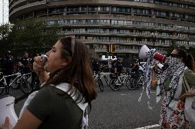 Pro-Palestine Protest In Front Of The Watergate Hotel When Netanyahu Leaves For Israel Early Following Deadly Rocket Strike