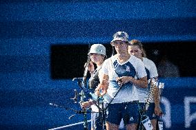 Paris 2024 - Archery - Lisa Barbelin, Amelie Cordeau, and Caroline Lopez Competing