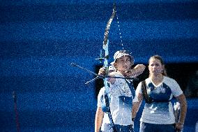 Paris 2024 - Archery - Lisa Barbelin, Amelie Cordeau, and Caroline Lopez Competing