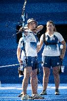 Paris 2024 - Archery - Lisa Barbelin, Amelie Cordeau, and Caroline Lopez Competing