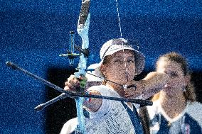 Paris 2024 - Archery - Lisa Barbelin, Amelie Cordeau, and Caroline Lopez Competing