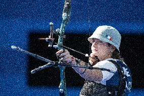 Paris 2024 - Archery - Lisa Barbelin, Amelie Cordeau, and Caroline Lopez Competing