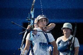 Paris 2024 - Archery - Lisa Barbelin, Amelie Cordeau, and Caroline Lopez Competing